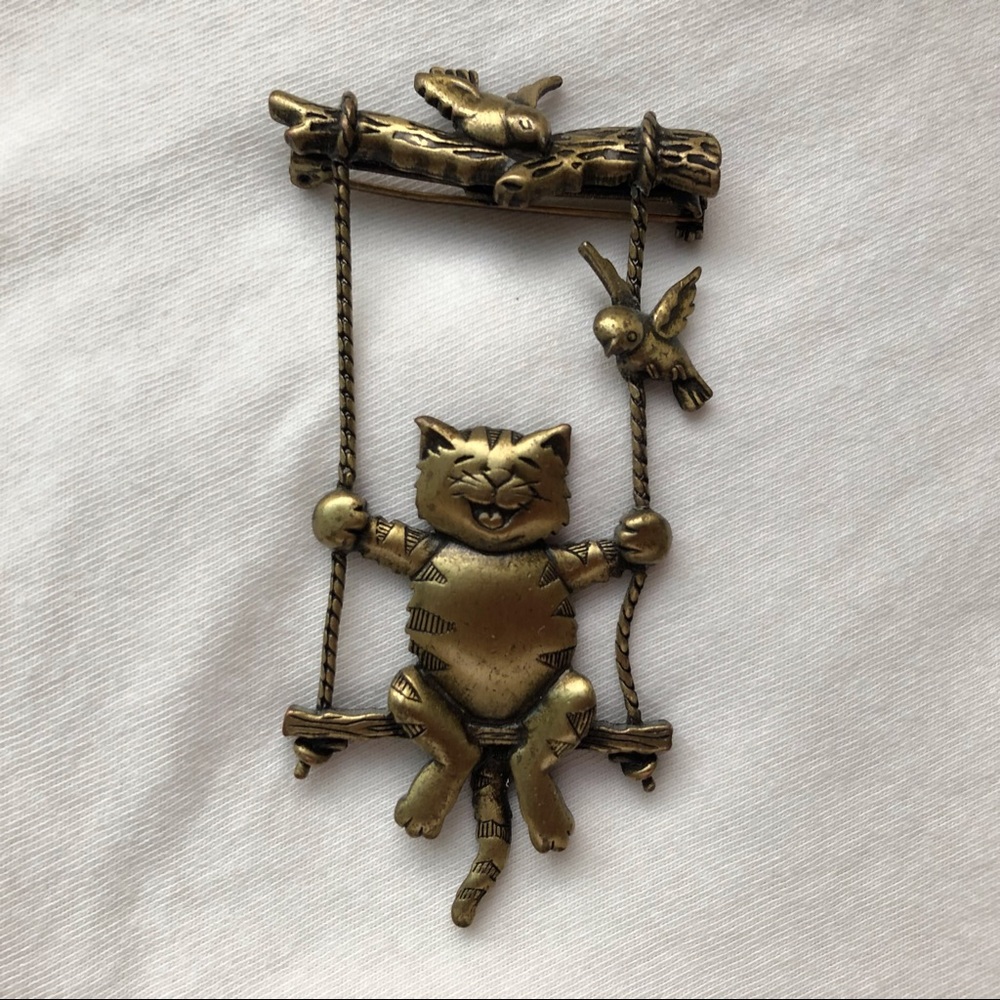 Vintage JJ Jonette Jewelry Cat On Swing Brooch